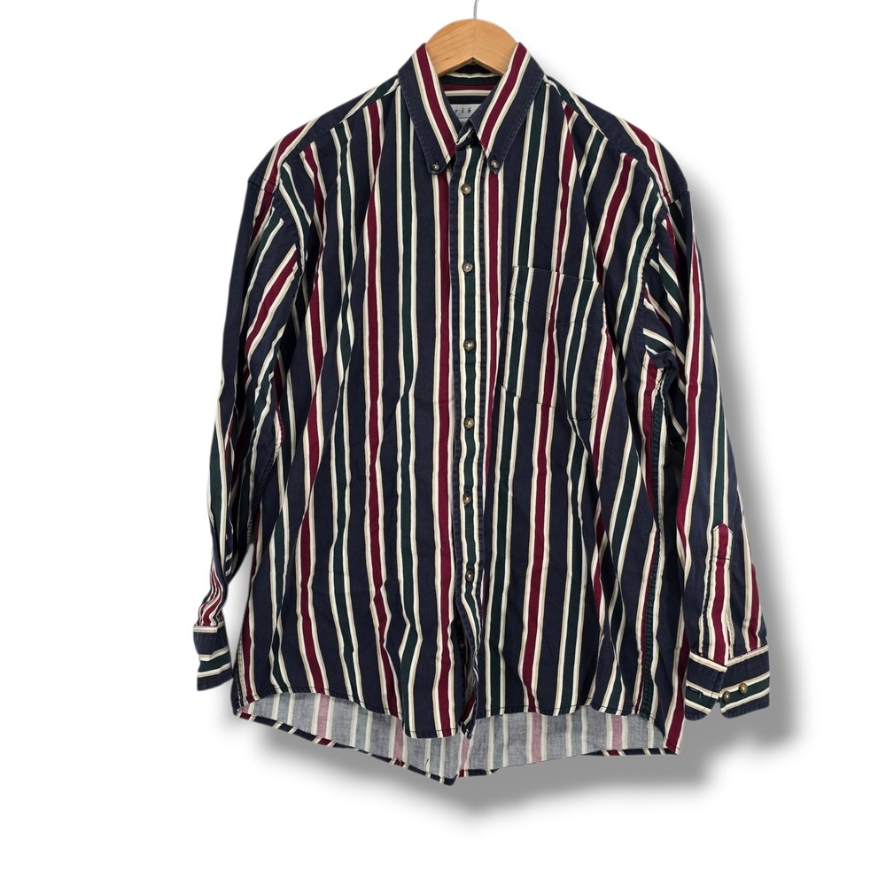 Tribute Mens Multi Stripe Button Down Shirt Navy Burgundy Green Cotton Medium
